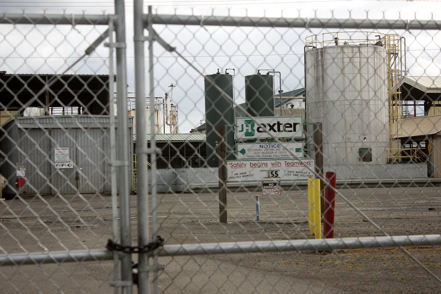 The entrance to J.H. Baxter, on Roosevelt Blvd, sits empty after closing in 2022. A skeleton crew remains onsite to ensure operations meet environmental regulations.